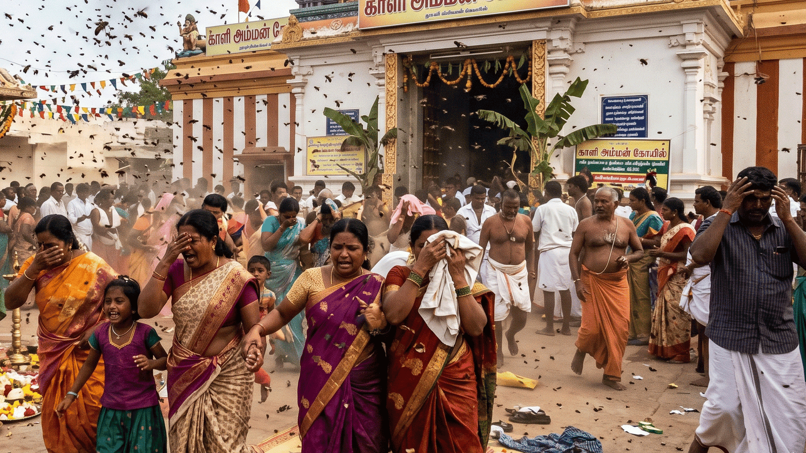 திருவிழாவில் பயங்கரம்: மானாமதுரை அருகே காளியம்மன் கோயில் வழிபாட்டில் புகுந்த மலைத்தேனீக்கள்! பெண்கள், குழந்தைகள் உட்பட 30 பேருக்குக் காயம்!